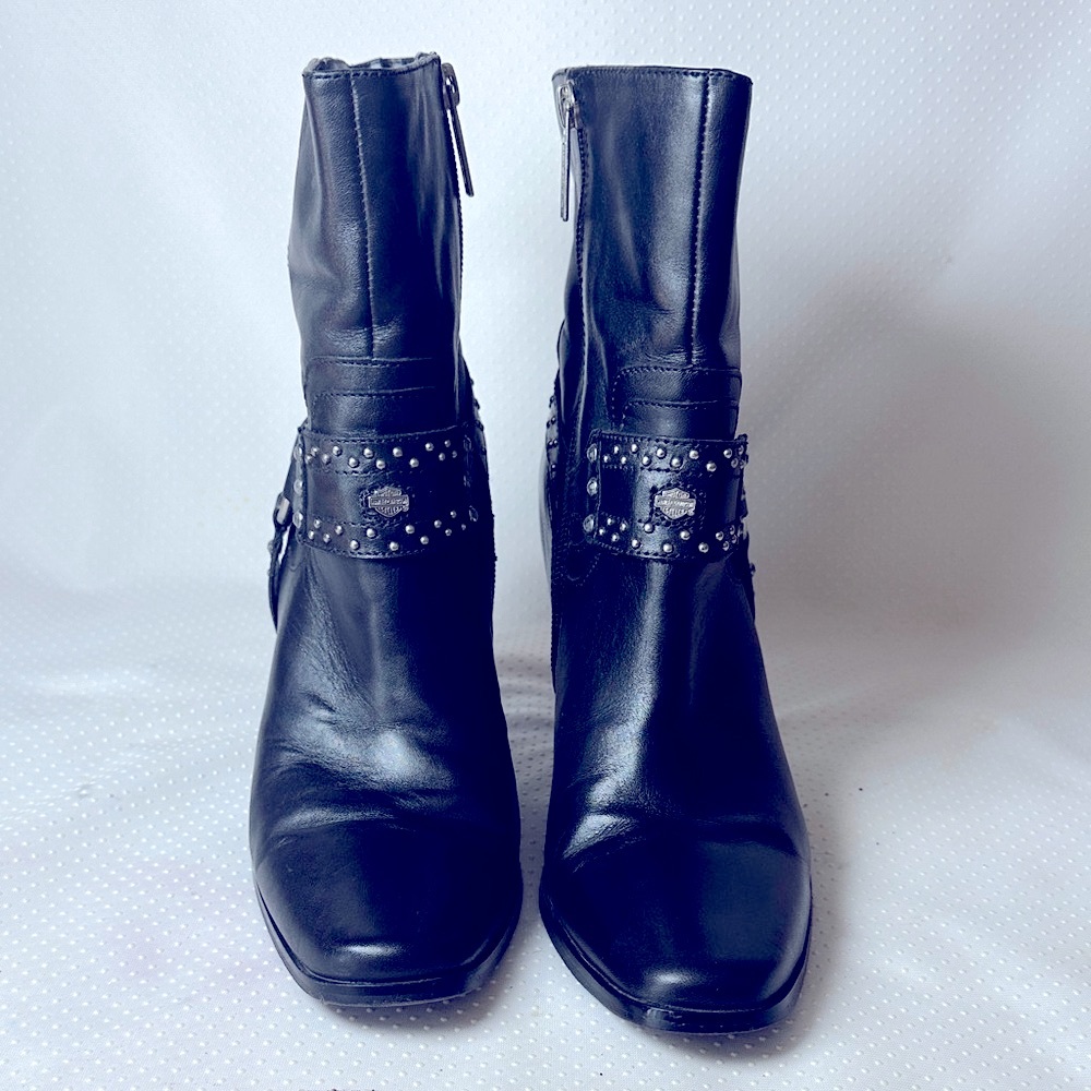 Harley Davidson Black Leather Harness Studded Ankle Biker Boots
